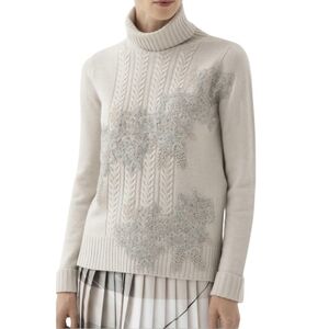 D.Exterior Italy Cable Knit Turtleneck Sweater XL Wool Silk Cashmere Cream